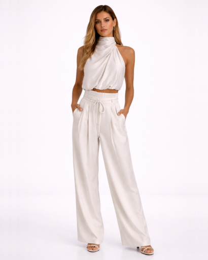 Completo donna top drappeggiato collo alto e pantaloni larghi a vita alta