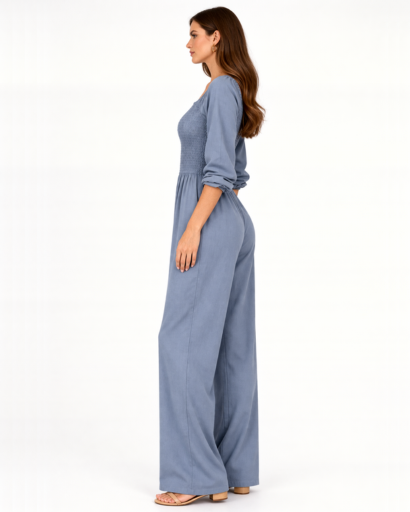 Tuta da donna con scollo quadrato, vita smock e gamba larga