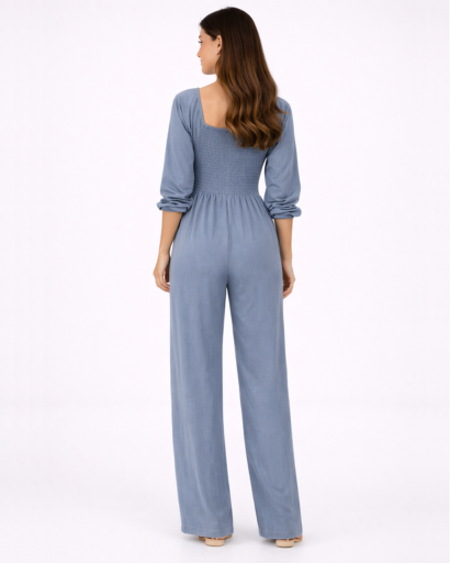 Tuta da donna con scollo quadrato, vita smock e gamba larga