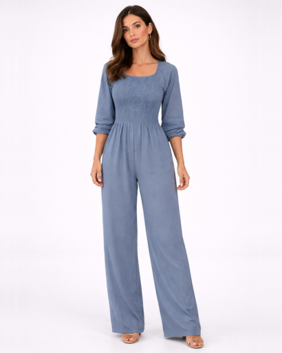 Tuta da donna con scollo quadrato, vita smock e gamba larga