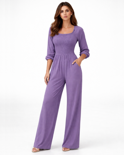 Tuta da donna con scollo quadrato, vita smock e gamba larga