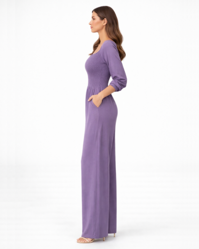 Tuta da donna con scollo quadrato, vita smock e gamba larga