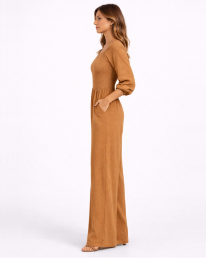 Tuta da donna con scollo quadrato, vita smock e gamba larga