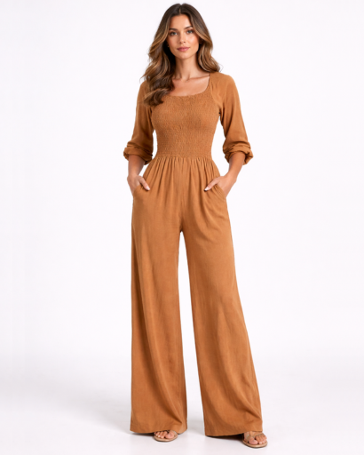 Tuta da donna con scollo quadrato, vita smock e gamba larga