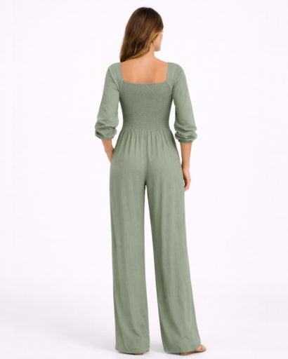 Tuta da donna con scollo quadrato, vita smock e gamba larga
