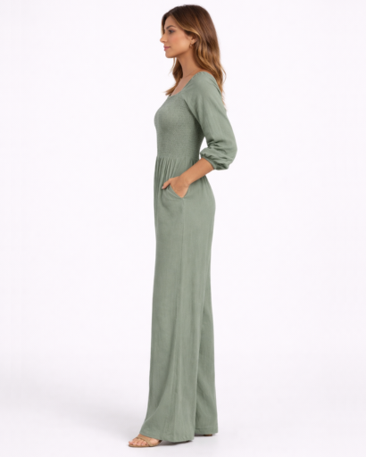 Tuta da donna con scollo quadrato, vita smock e gamba larga