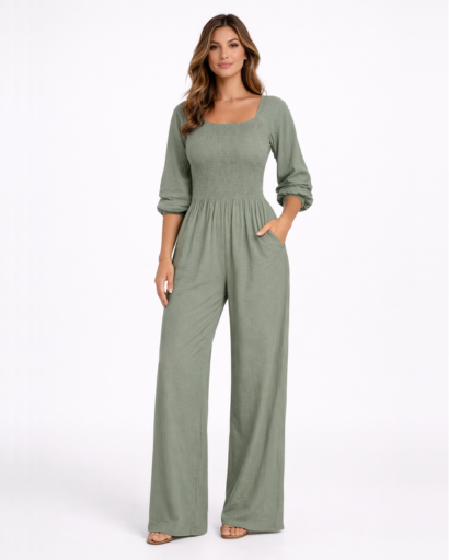 Tuta da donna con scollo quadrato, vita smock e gamba larga