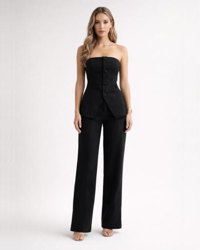 Ensemble pantalon tailleur bustier coupe ajustée avec boutons et jambes larges
