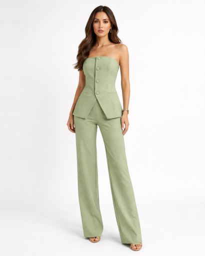 Ensemble pantalon tailleur bustier coupe ajustée avec boutons et jambes larges