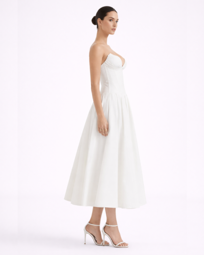 Robe bustier midi évasée avec décolleté structuré et taille cintrée