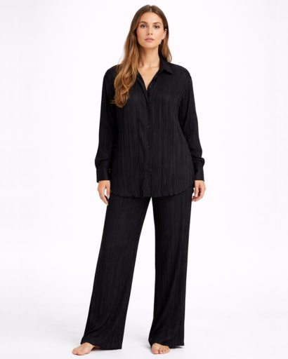 Completo donna camicia e pantaloni fluidi a gamba larga confortevole