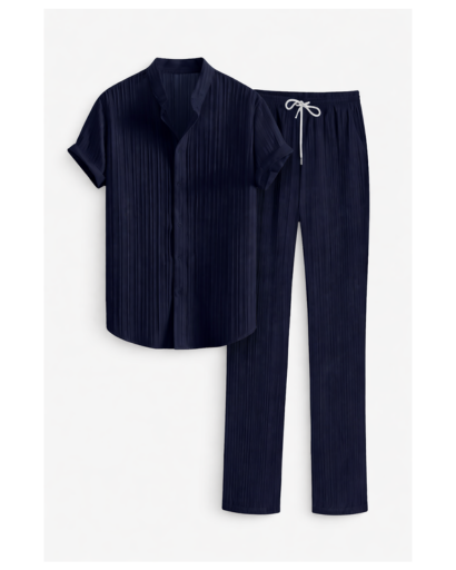 Ensemble chemise homme texturée manches courtes et pantalon droit à cordon