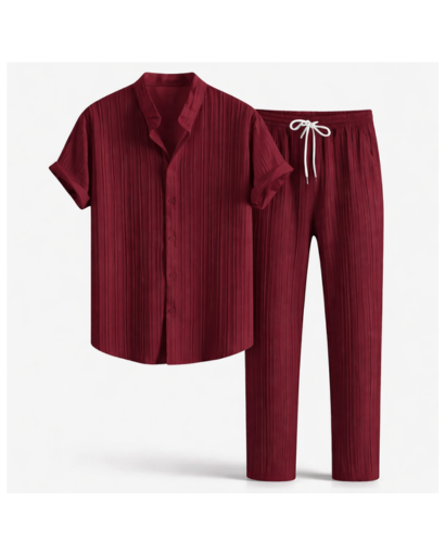 Ensemble chemise homme texturée manches courtes et pantalon droit à cordon