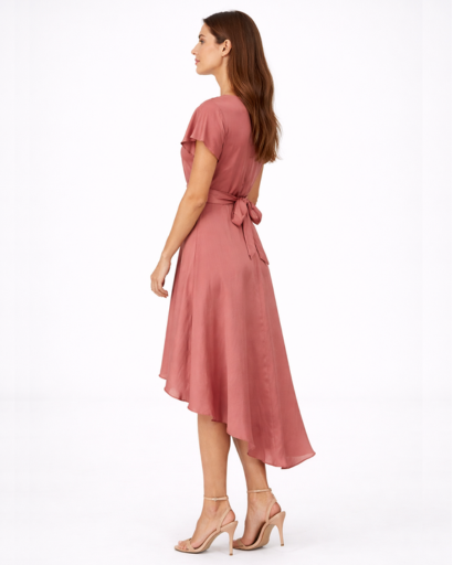 Robe midi femme col V profond et détail noué taille asymétrique
