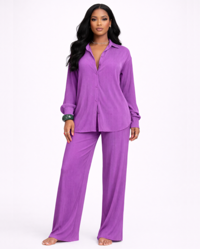 Completo donna camicia e pantaloni fluidi a gamba larga confortevole