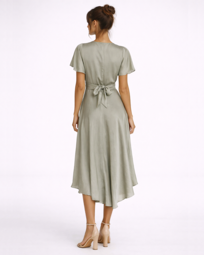 Robe midi femme col V profond et détail noué taille asymétrique