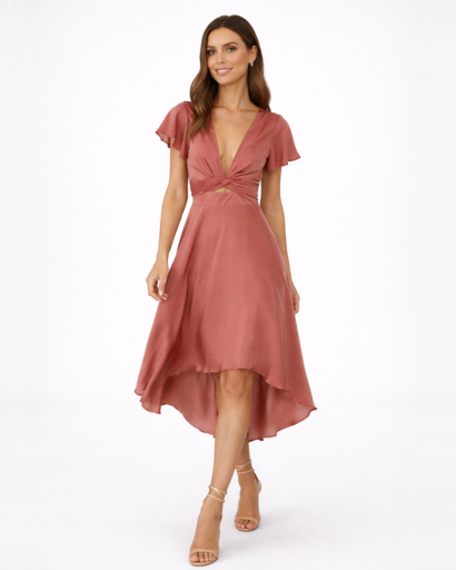 Robe midi femme col V profond et détail noué taille asymétrique
