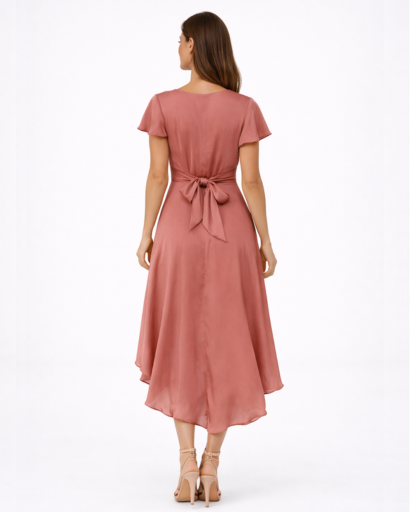 Robe midi femme col V profond et détail noué taille asymétrique