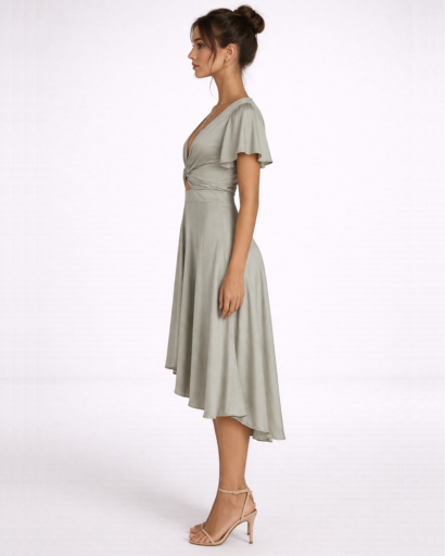 Robe midi femme col V profond et détail noué taille asymétrique