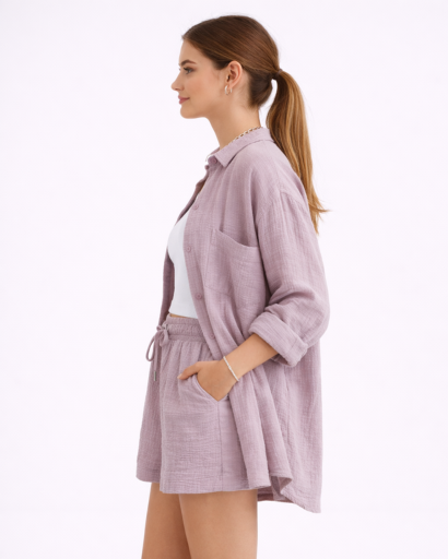 Ensemble short femme avec chemise fluide à boutons et taille élastique