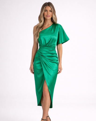 Abito midi asimmetrico drappeggiato monospalla con spacco