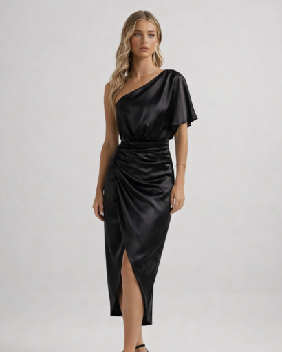 Abito midi asimmetrico drappeggiato monospalla con spacco