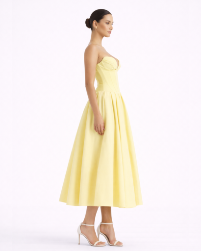 Robe bustier midi évasée avec décolleté structuré et taille cintrée