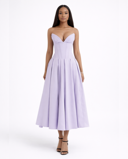 Robe bustier midi évasée avec décolleté structuré et taille cintrée