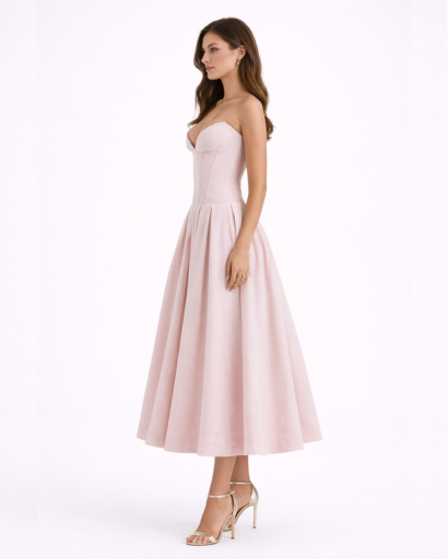 Robe bustier midi évasée avec décolleté structuré et taille cintrée