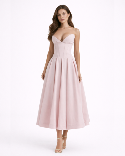 Robe bustier midi évasée avec décolleté structuré et taille cintrée