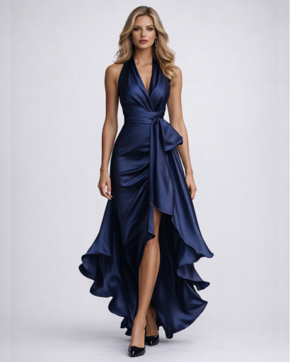 Abito lungo da donna in raso drappeggiato con scollo all'americana, spacco e balze