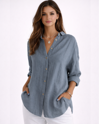 Chemise femme fluide à manches longues avec col classique et boutons