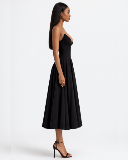 Robe bustier midi évasée avec décolleté structuré et taille cintrée