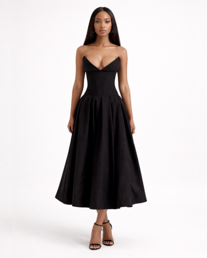 Robe bustier midi évasée avec décolleté structuré et taille cintrée