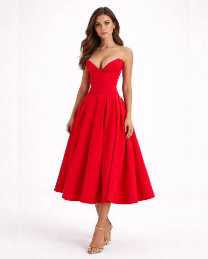Robe bustier midi évasée avec décolleté structuré et taille cintrée