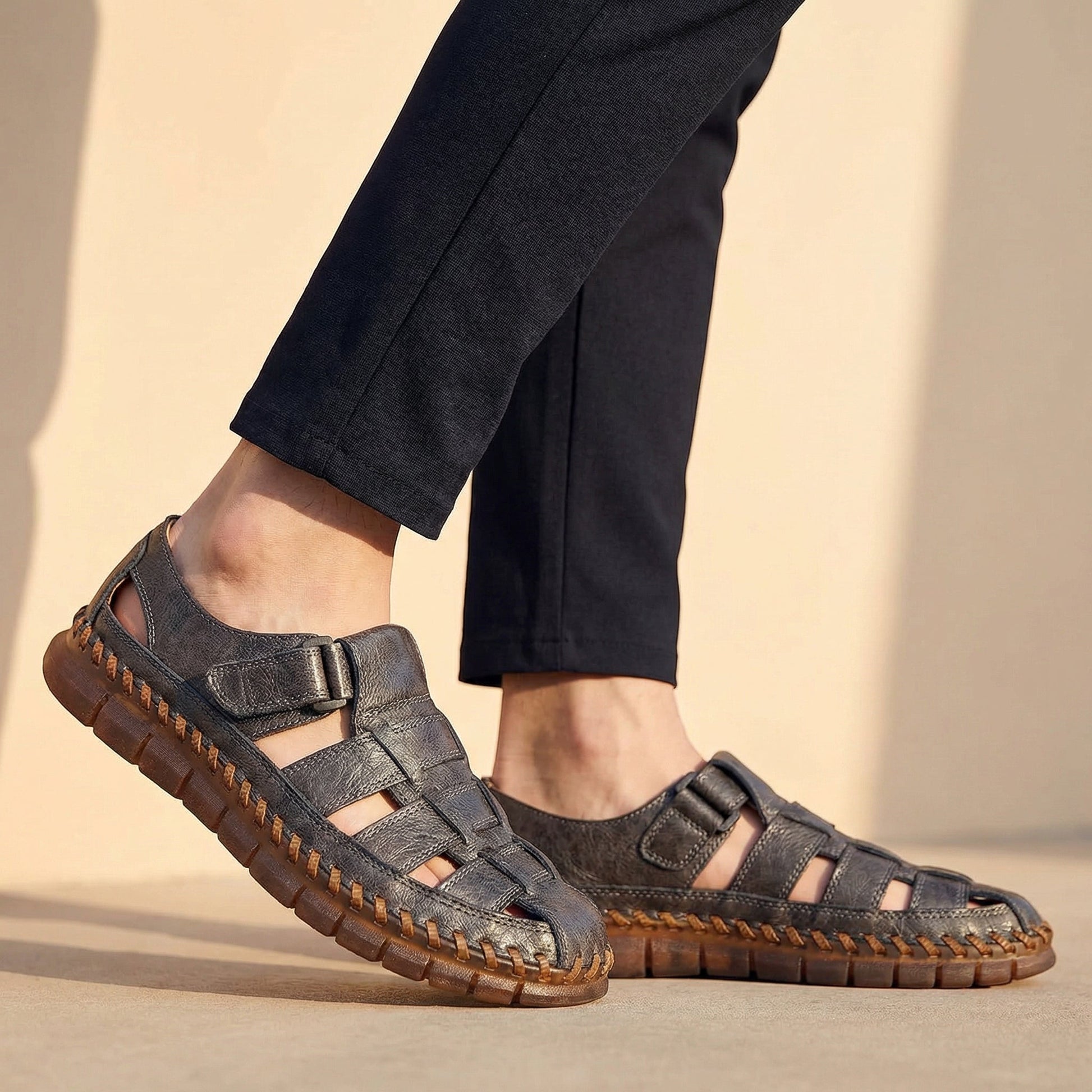 Sandales respirantes cuir homme - Gris