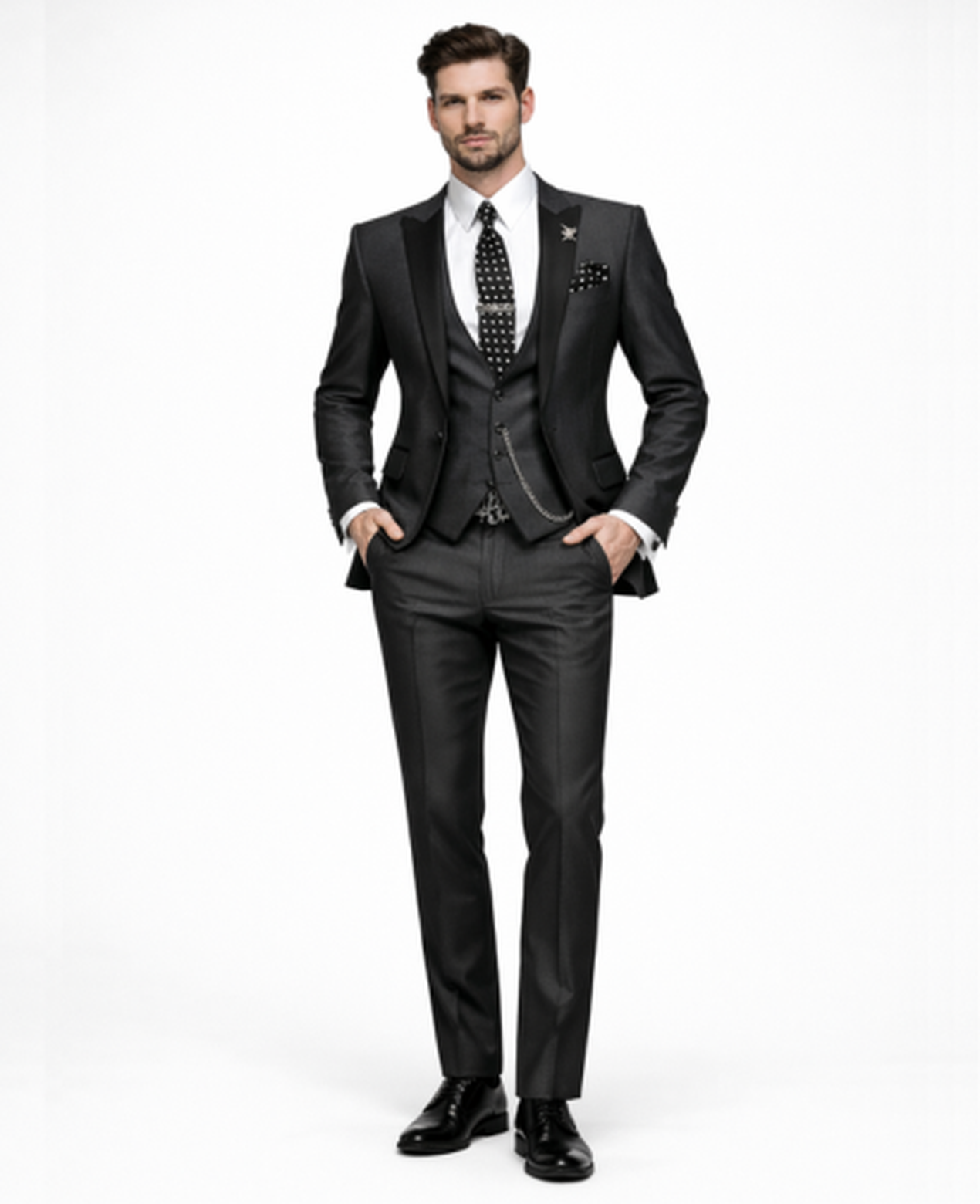 Abito 3 pezzi slim fit con gilet e risvolti a contrasto