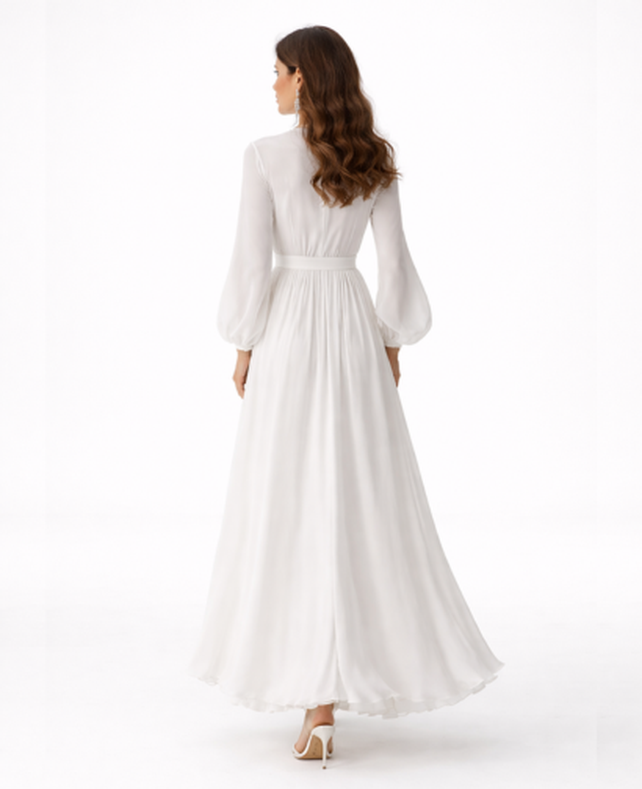 Vestito lungo svasato con punto vita impero e scollo incrociato a maniche lunghe