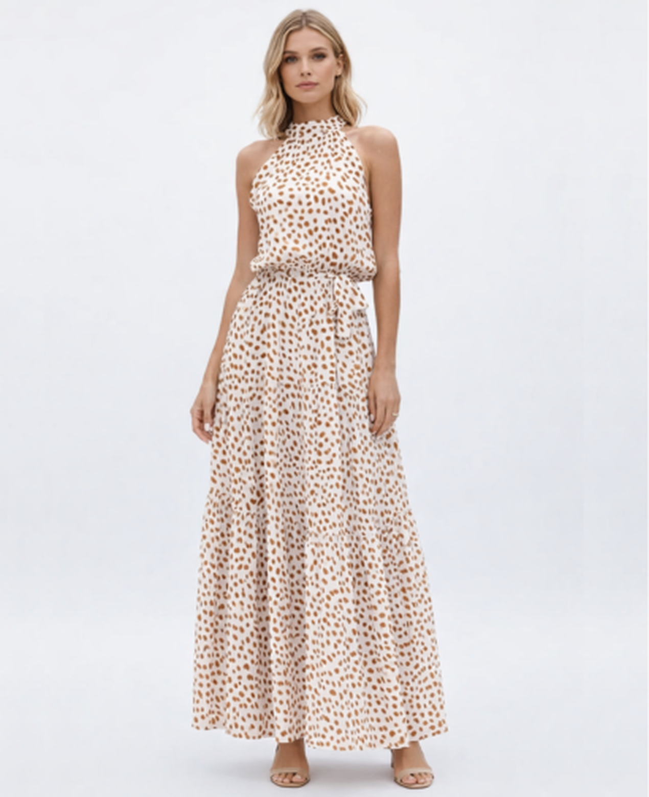 Vestito Lungo Donna Collo all'Americana Stampa Fluida con Cintura