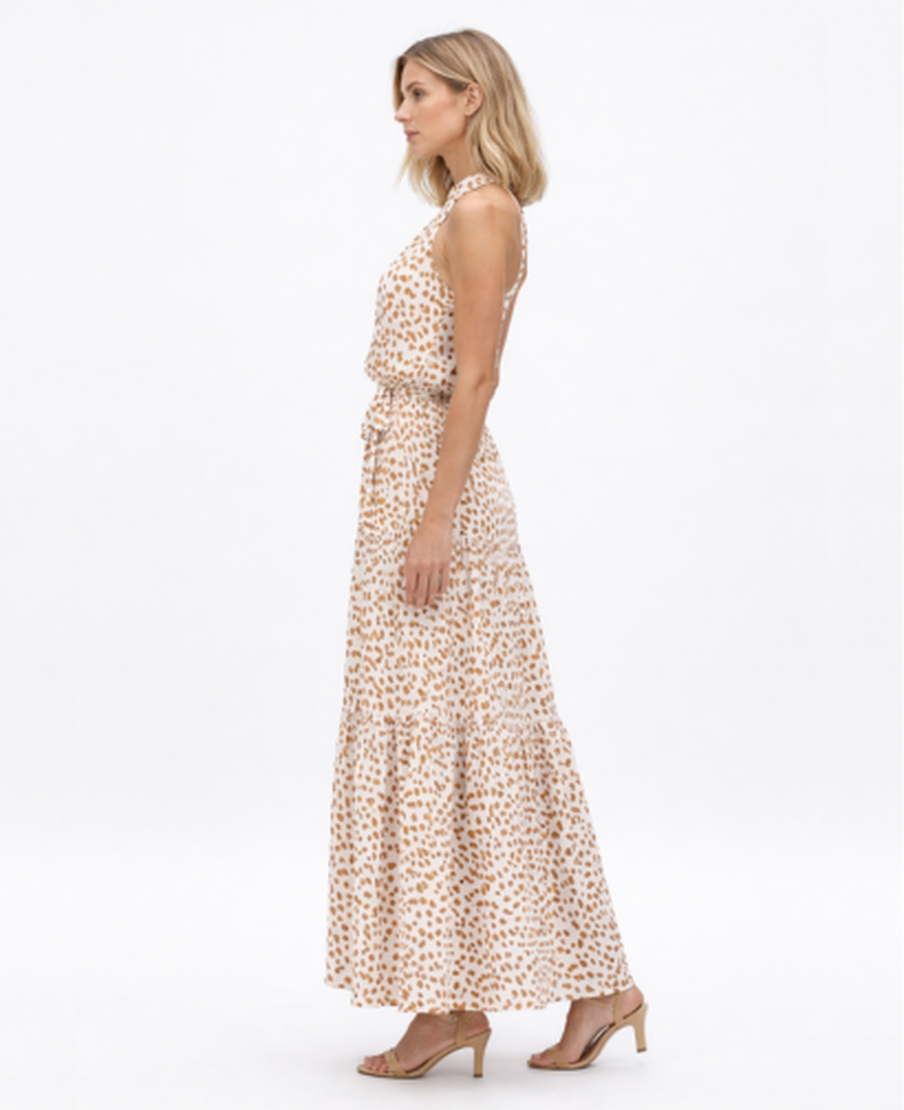 Vestito Lungo Donna Collo all'Americana Stampa Fluida con Cintura