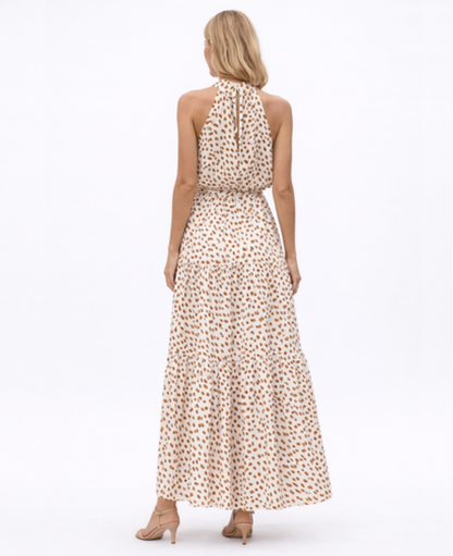 Vestito Lungo Donna Collo all'Americana Stampa Fluida con Cintura
